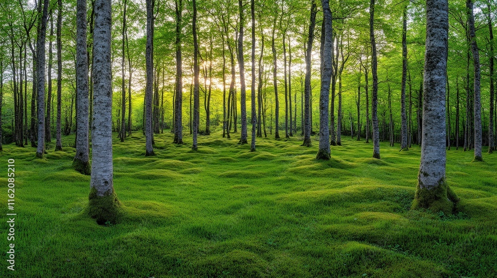 Obraz premium A serene forest scene with lush green grass and tall trees, illuminated by soft sunlight, creating a peaceful and tranquil atmosphere.