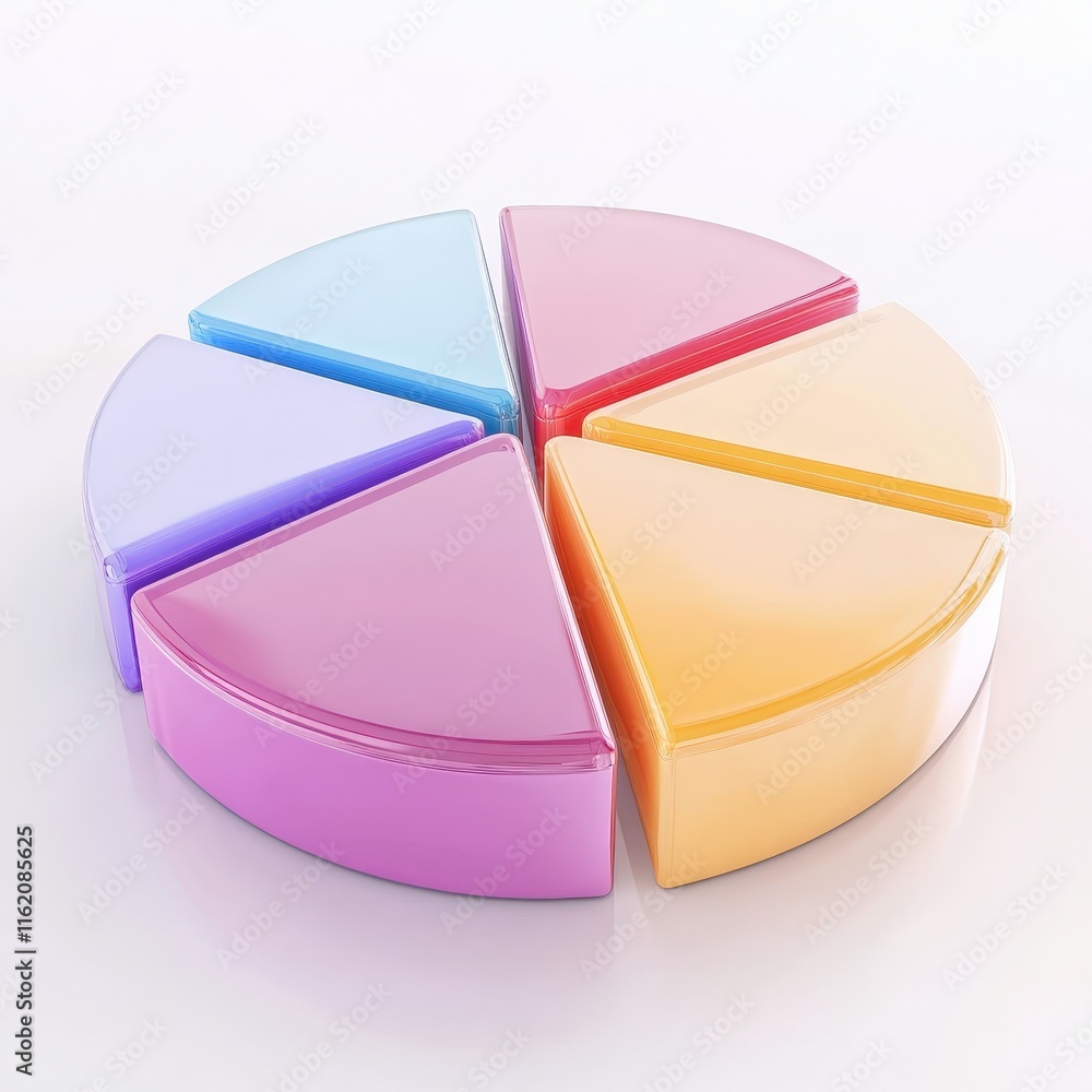 Fototapeta premium A colorful, segmented pie chart composed of glossy, pastel-colored pieces, representing data visualization or categorization.