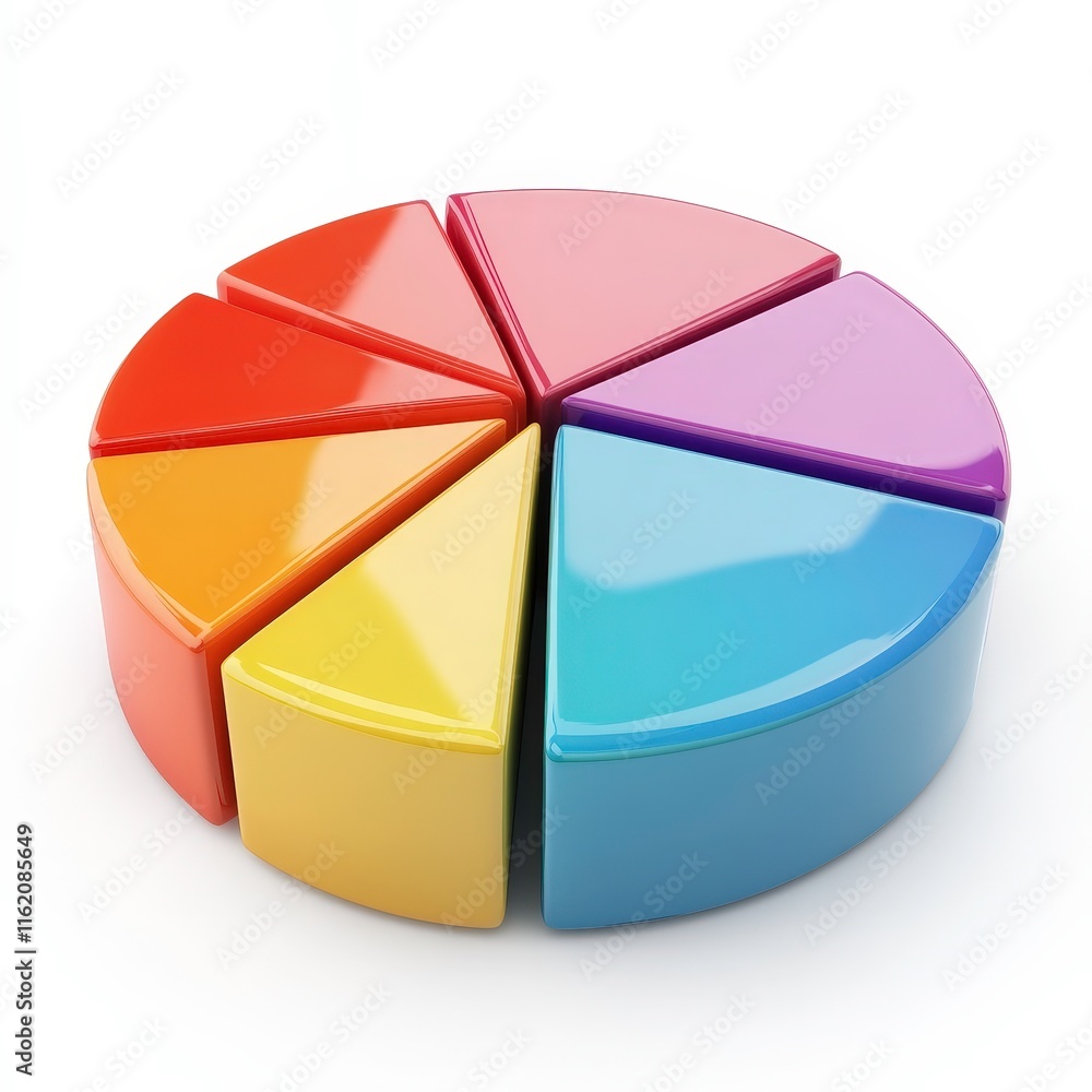 Obraz premium This image shows a 3D pie chart divided into six colorful segments, representing data visualization or statistical information.