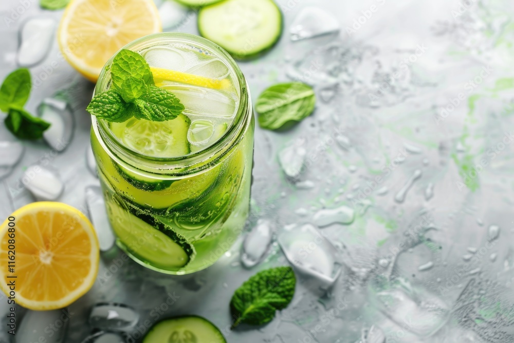 Health concept Lemon cucumber mint infused water in glass jar. Health concept Lemon cucumber mint infused water in glass jar.