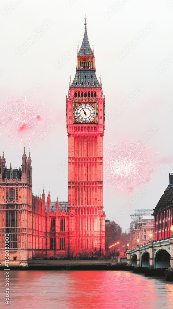 Fototapeta premium A picturesque view of Big Ben surrounded by fireworks, reflecting a festive atmosphere over the River Thames.