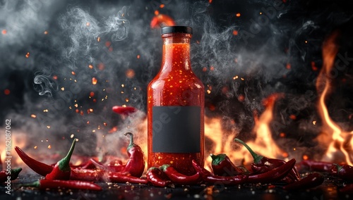 Spicy Chili Sauce Bottle Fiery Flames Red Peppers Dark Background