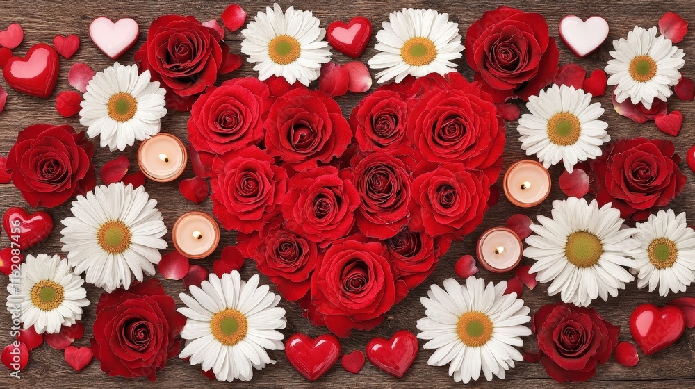 A decorative arrangement featuring red roses, white daisies, heart-shaped items, and candles, creating a romantic and inviting atmosphere. A decorative arrangement featuring red roses, white daisies, heart-shaped items, and candles, creating a romantic and inviting atmosphere.