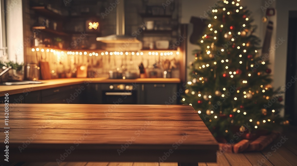 Festive kitchen background with wooden table in foreground, Christmas tree and twinkling lights creating warm, cozy atmosphere for holiday cooking and gatherings. Festive kitchen background with wooden table in foreground, Christmas tree and twinkling lights creating warm, cozy atmosphere for holiday cooking and gatherings.