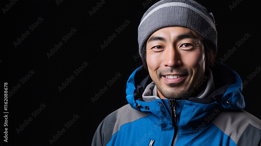 青とグレーのジャケットを着た日本人男性スノーボーダーのハイコントラストポートレート 青とグレーのジャケットを着た日本人男性スノーボーダーのハイコントラストポートレート