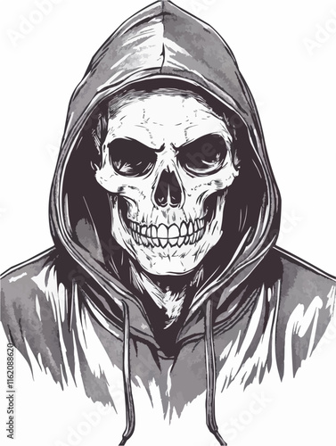 illustration skull in a hoodie with white background. Vector for t-shirt design template. Print template. Isolated skull
