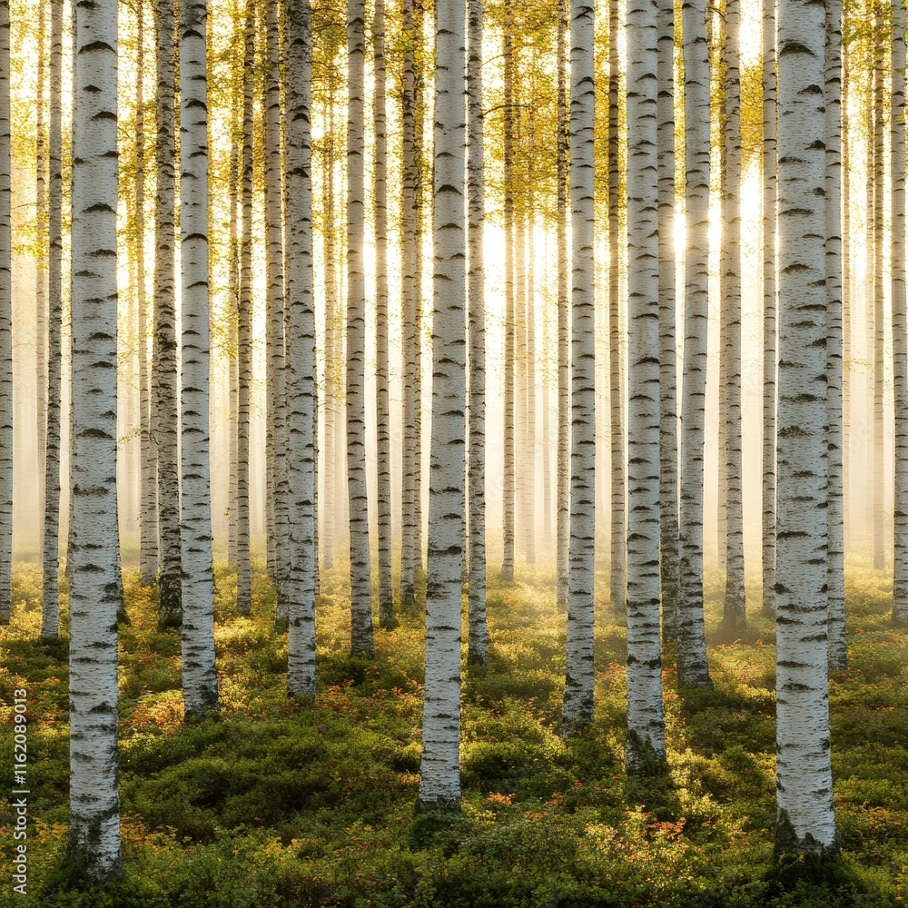 A serene forest scene featuring tall birch trees, bathed in soft light, with mist creating a tranquil atmosphere. The lush undergrowth adds to the natural beauty of the environment. A serene forest scene featuring tall birch trees, bathed in soft light, with mist creating a tranquil atmosphere. The lush undergrowth adds to the natural beauty of the environment.