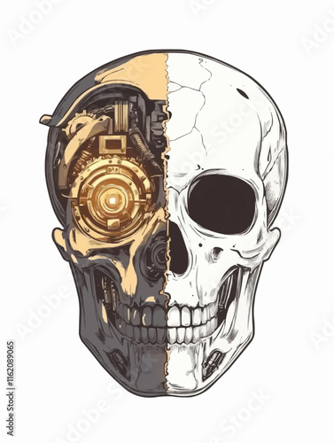 A Cyborg Terminator Head. Illustration of robotic skull.