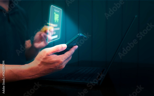 Cuadro en lienzo Man using smartphone online payment and shopping online, online banking digital technology, purchases, digital marketing, bank, banking applications, Financial transaction and global business online