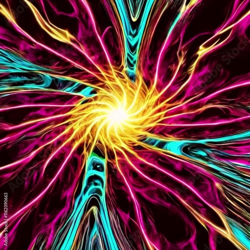 Radial dynamic beams, neon glare with bright flash, 3-d animation, digital art 

