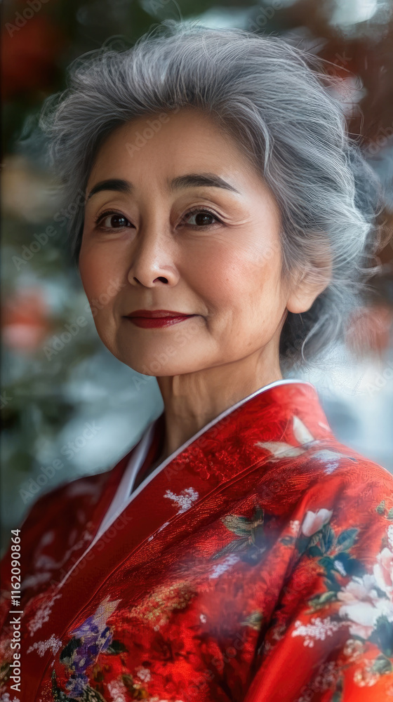 Portrait of a Mature Asian Woman in a Red Floral Kimono Outdoors, Created with Generative AI