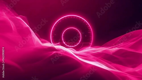 Neon pink abstract interface with dynamic waves and glowing circular elements, digital design