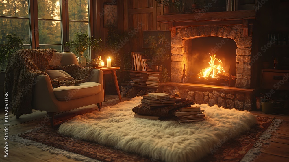 Fototapeta premium Cozy living room with fireplace, armchair, books, and warm lighting. (1)