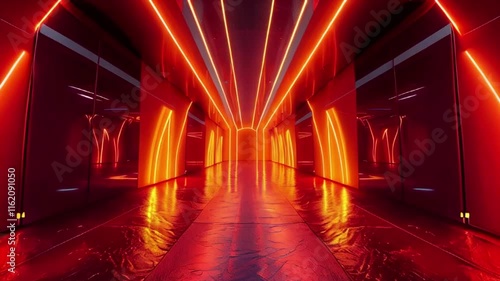  Illuminated neon corridor with glowing orange lines, modern architecture, vibrant design, 3d animation

