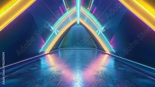 Vibrant neon-lit archway in a futuristic corridor, modern design, colorful illumination