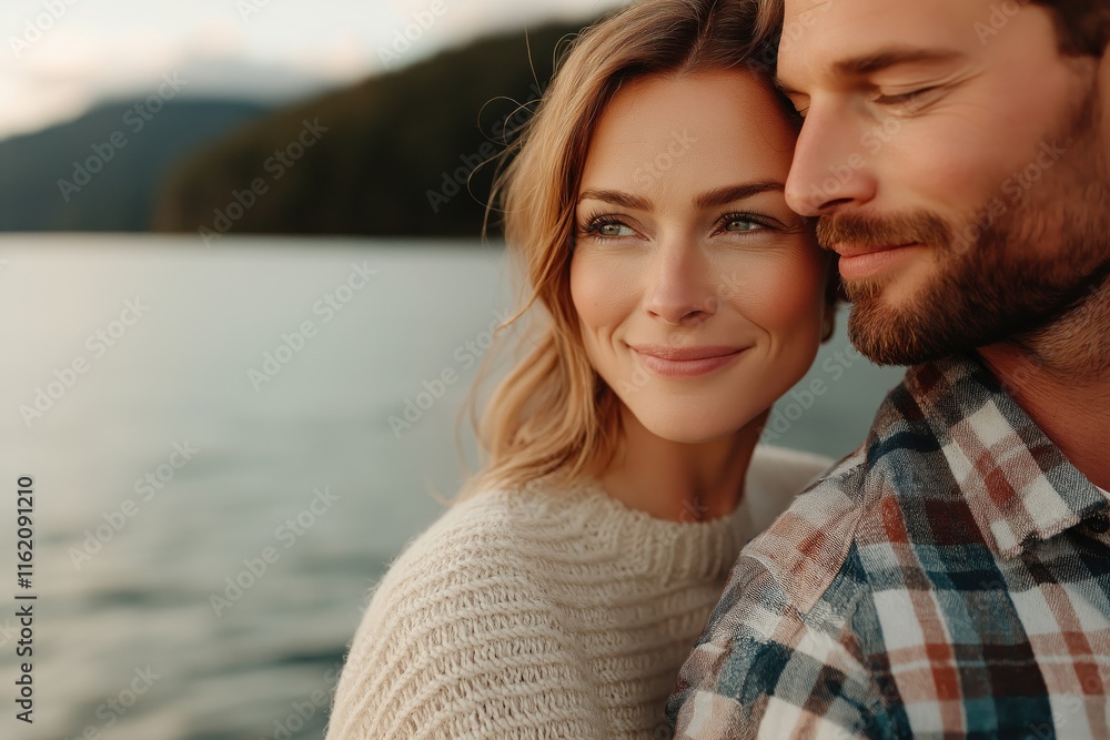 Fototapeta premium Mature couple embraces near serene lake during sunset, showcasing love and warmth in a minimalistic setting