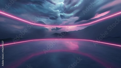  3d animation landscape with neon pink lines against a dramatic cloudy sky, modern aesthetic design