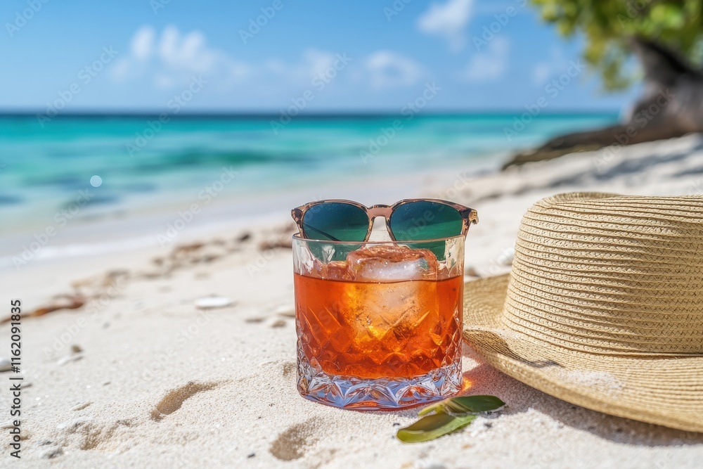 A vibrant cocktail sits on the warm sand beside a pair of stylish sunglasses and a straw hat, with a stunning turquoise ocean in the background beneath a clear blue sky. A vibrant cocktail sits on the warm sand beside a pair of stylish sunglasses and a straw hat, with a stunning turquoise ocean in the background beneath a clear blue sky.