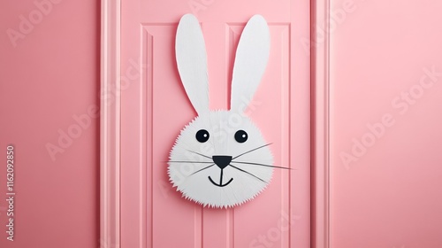 A classroom door decorated with a large bunny face made of pastel construction paper, featuring googly eyes, whiskers, and a fluffy cotton tail on the bottom  photo