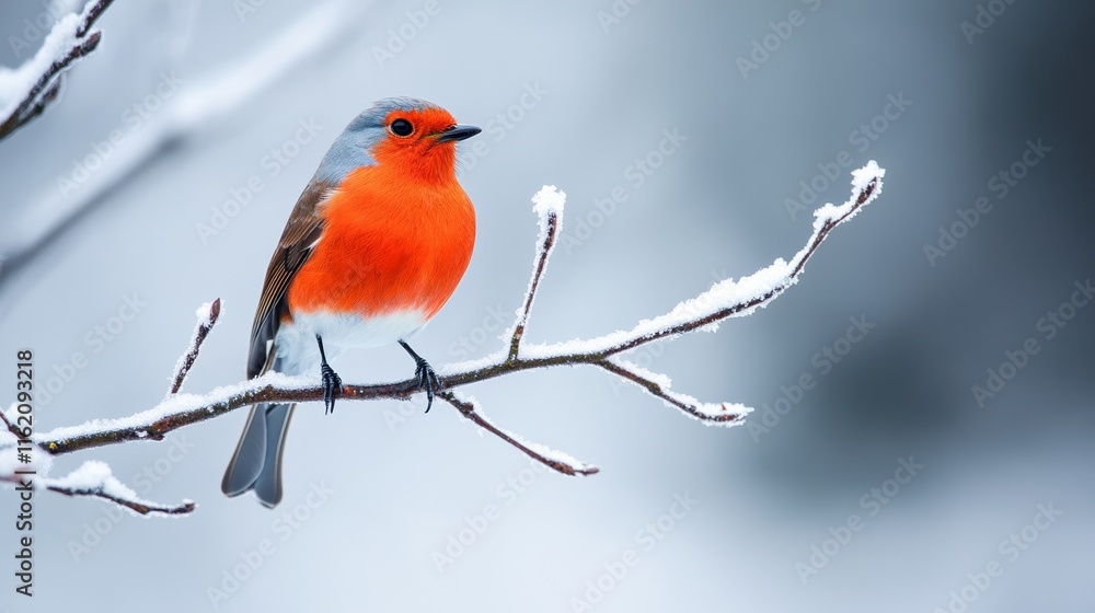 A frosty March morning scene with the last traces of snow melting on tree branches and a robin perched on a twig, hopeful and fresh A frosty March morning scene with the last traces of snow melting on tree branches and a robin perched on a twig, hopeful and fresh