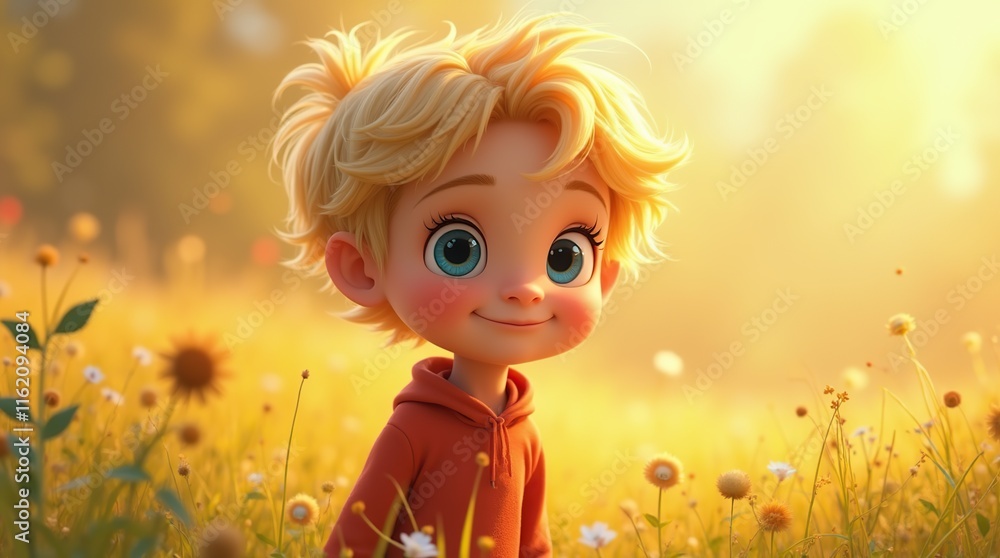 Adorable Cartoon Child Smiling in a Sunny Field of Wildflowers Adorable Cartoon Child Smiling in a Sunny Field of Wildflowers
