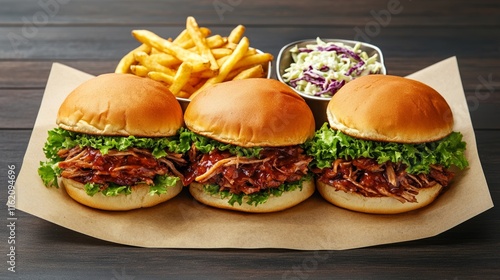 BBQ pulled pork sandwiches with soft buns, tangy coleslaw, and a side of crispy fries, hearty and perfect for Super Bowl celebrations  photo