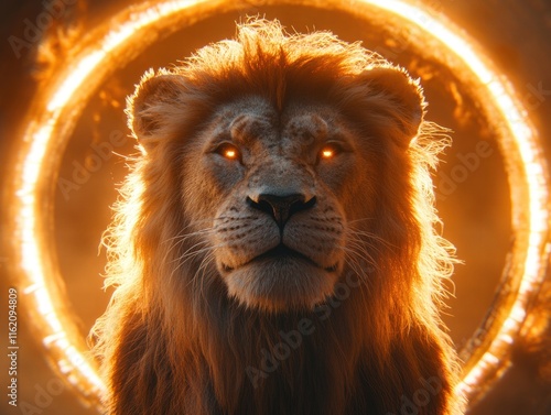 Majestic lion emerges from divine portal mystical landscape digital art ethereal environment close-up spiritual concept photo