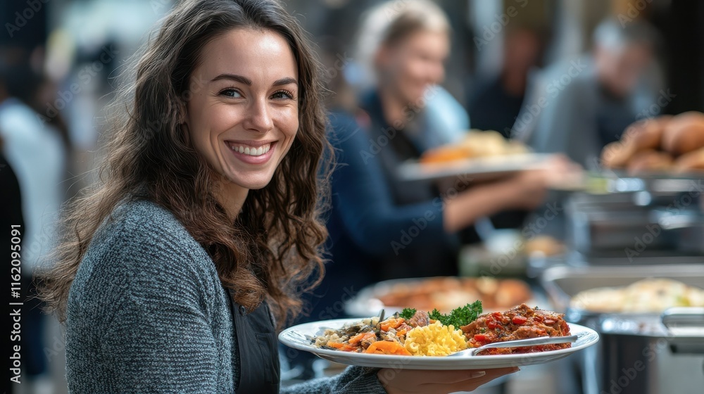 A dedicated volunteer smiles while serving a delicious plate of food to a person waiting in line during a community meal event, creating a warm atmosphere of generosity and kindness A dedicated volunteer smiles while serving a delicious plate of food to a person waiting in line during a community meal event, creating a warm atmosphere of generosity and kindness