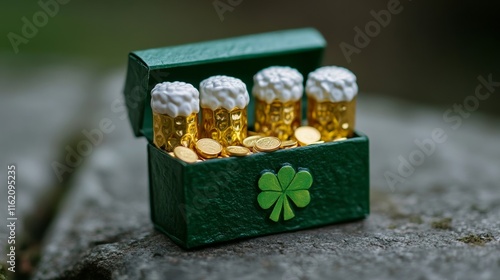 DIY trap disguised as a tiny leprechaun pub, made from a painted shoebox with mini beer mugs and gold coins inside, creative and humorous  photo