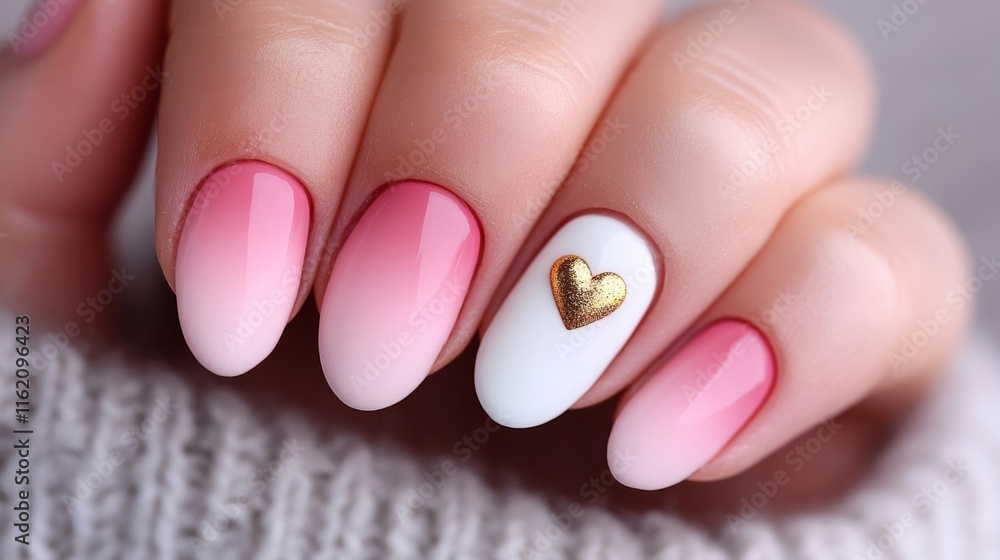 Matte white nails with soft pink ombre tips and a small gold heart on the index fingers, elegant and subtle for Valentine's Day Matte white nails with soft pink ombre tips and a small gold heart on the index fingers, elegant and subtle for Valentine's Day