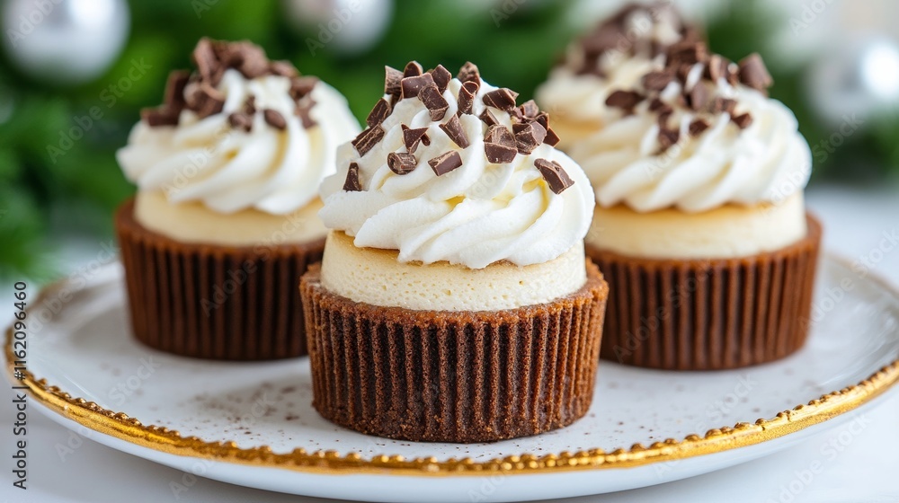 Mini Irish cream cheesecakes topped with whipped cream and chocolate shavings, served on a gold-rimmed plate, indulgent and festive Mini Irish cream cheesecakes topped with whipped cream and chocolate shavings, served on a gold-rimmed plate, indulgent and festive