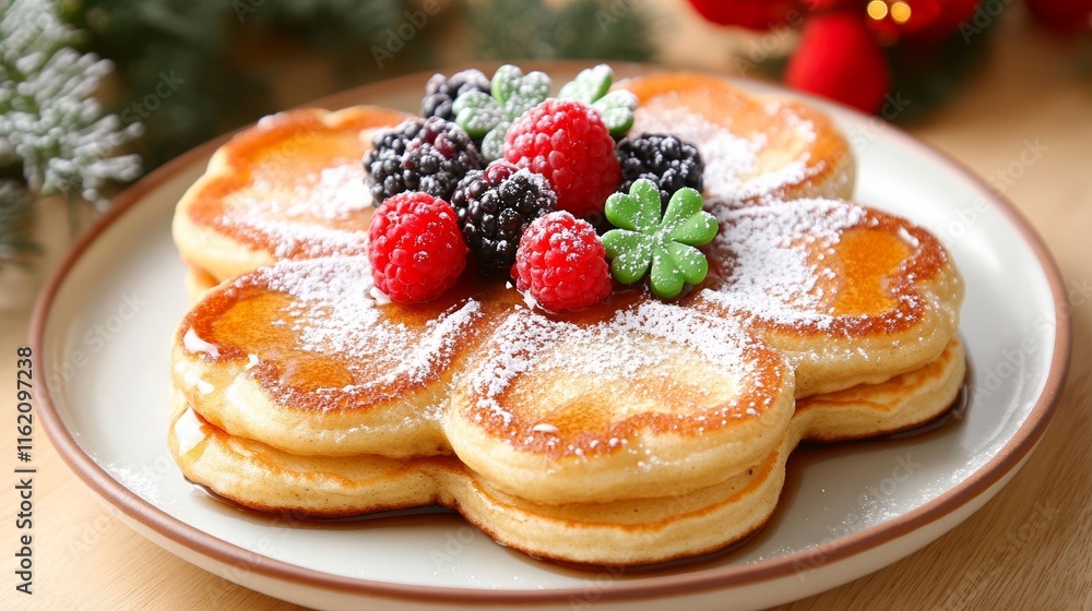 Shamrock-shaped pancakes drizzled with maple syrup and topped with powdered sugar and fresh berries, festive and fun breakfast idea Shamrock-shaped pancakes drizzled with maple syrup and topped with powdered sugar and fresh berries, festive and fun breakfast idea
