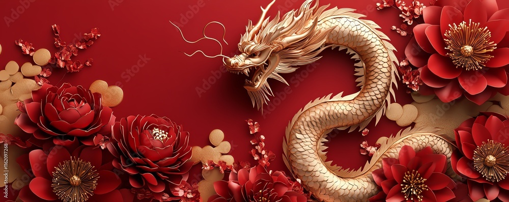 custom made wallpaper toronto digitalElegant dragon coiled around red and gold paper flowers, set against a festive Chinese decoration background for the 2025 Lunar New Year celebration