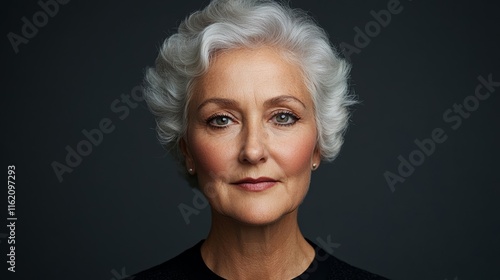 Simplistic old lady makeup featuring just a hint of gray streaks in the hair, faint smile lines, and rosy blush for a soft grandmotherly appearance  photo