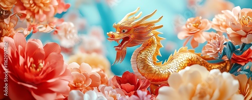 Golden dragon amidst a backdrop of vibrant paper flowers and Chinese decorations, creating a festive atmosphere for the 2025 Lunar New Year celebration photo