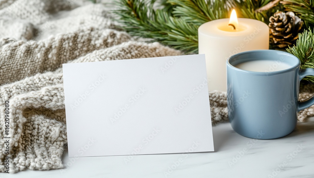 A cozy setting with a candle, mug, and blank card for personal notes. A cozy setting with a candle, mug, and blank card for personal notes.