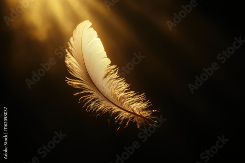 A single feather illuminated by golden light, signifying lightness, freedom, and hope. photo