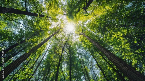 Looking Up at Forest Tree Trunks Green Trees Growing Towards Sky Nature