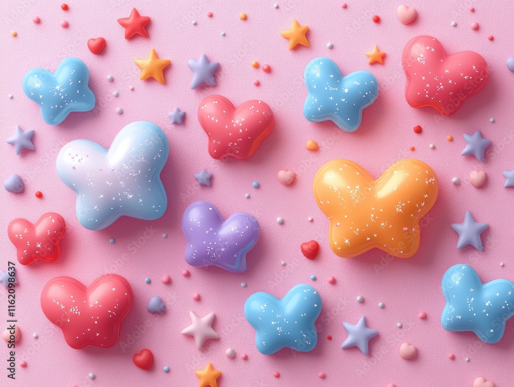 Obraz premium Colorful butterfly and star shapes on pink background.