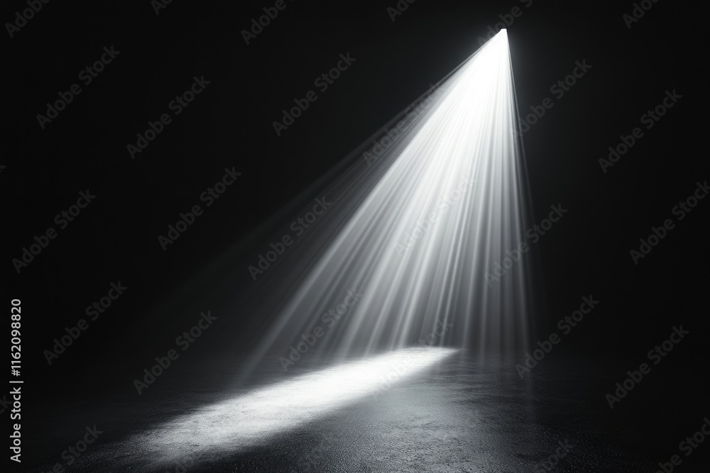 A single spotlight illuminates a dark room, creating dramatic light rays on the ground. A single spotlight illuminates a dark room, creating dramatic light rays on the ground.