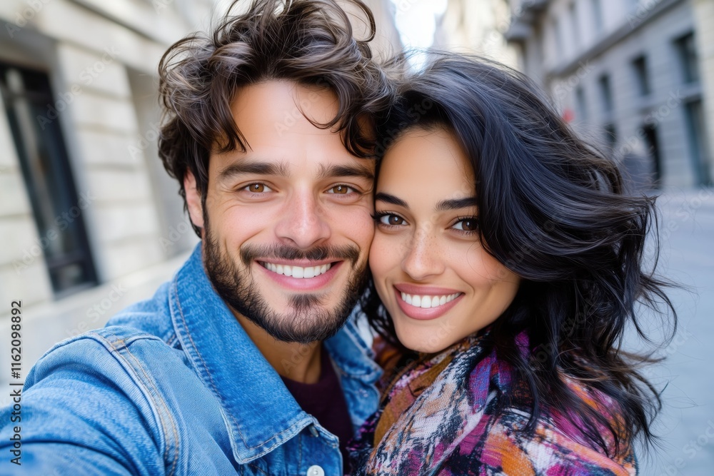 Happy couple takes a cheerful selfie on a sunny city street surrounded by urban architecture Happy couple takes a cheerful selfie on a sunny city street surrounded by urban architecture