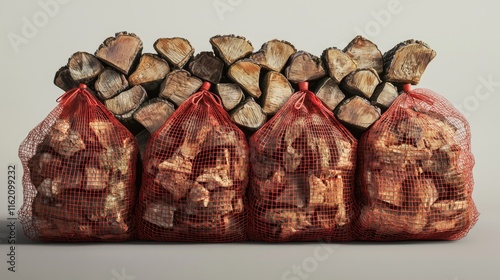 A Stack of Firewood in Red Mesh Bags, Ready for Winter