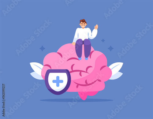 mental health concept. therapy and treatment to overcome mental health and mind problems. protection and prevention. illustration of a man sitting on the brain. health shield. flat style design