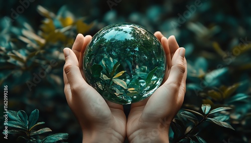 Hands supporting a green crystal globe, symbolizing ecosustainable practices, CSR initiatives, and a commitment to environmental preservation in business photo