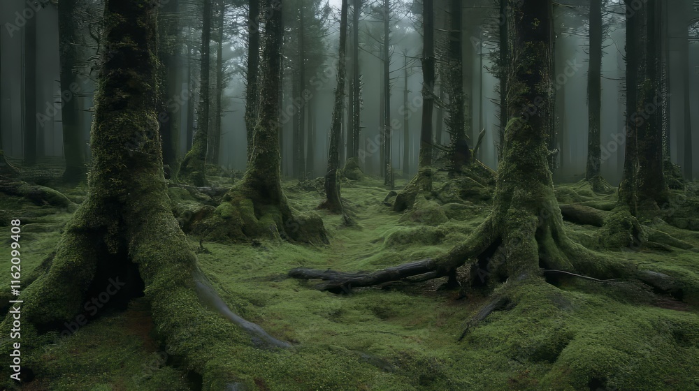 Fototapeta premium Enchanting Mossy Forest, Misty Atmosphere, Ancient Trees