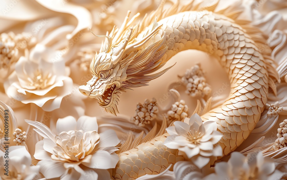 Shimmering golden dragon with intricate paper flowers and Chinese decorative elements, capturing the essence of the 2025 Lunar New Year celebration Shimmering golden dragon with intricate paper flowers and Chinese decorative elements, capturing the essence of the 2025 Lunar New Year celebration