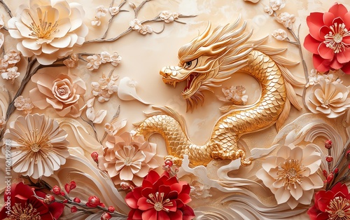 Shimmering golden dragon with intricate paper flowers and Chinese decorative elements, capturing the essence of the 2025 Lunar New Year celebration photo