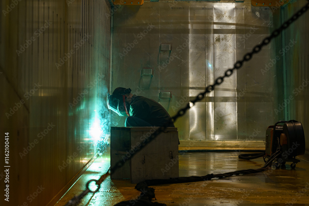 Fototapeta premium Skilled welder creating sparks in dimly lit industrial space
