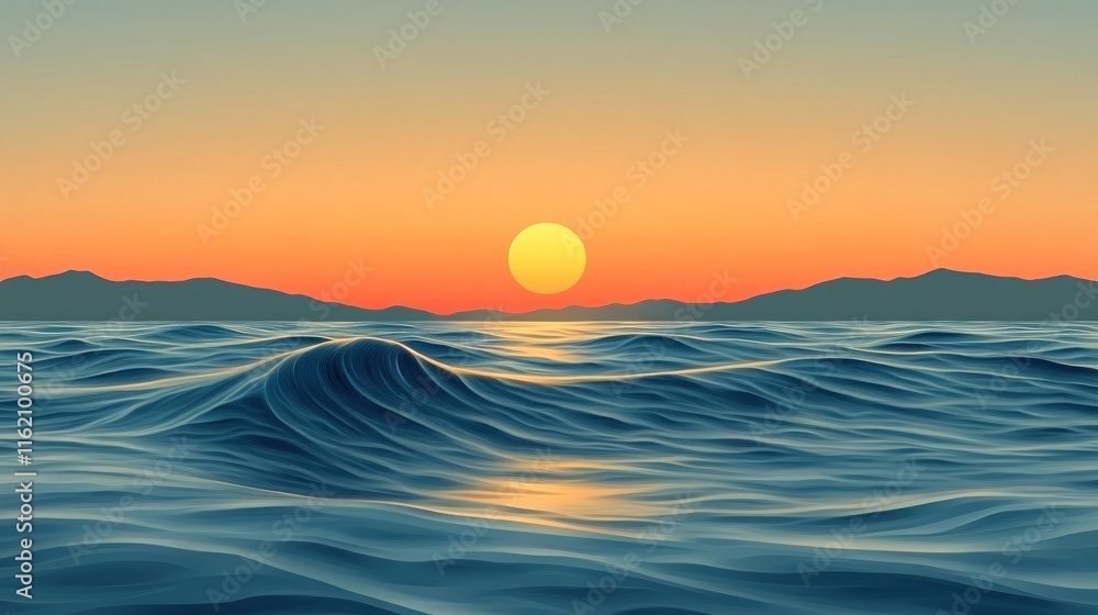Serene ocean sunset with gentle waves and distant mountains. Serene ocean sunset with gentle waves and distant mountains.