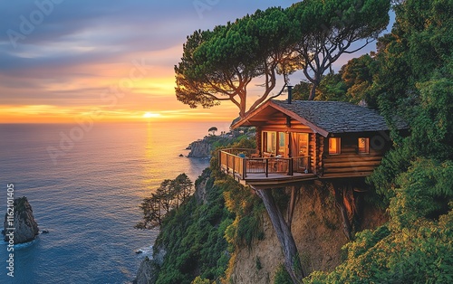 A log treehouse perched on a cliff, overlooking the ocean at sunrise, surrounded by greenery and creating a serene, rustic retreat photo